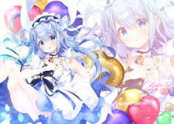  alternate_costume balloon black_choker blue_eyes blue_hair blush buttons choker dress female gochuumon_wa_usagi_desu_ka? hair_between_eyes hair_ornament heart heart_balloon heart_hands kafuu_chino long_hair mocha_(naturefour) multiple_views open_mouth short_sleeves smile sparkle white_dress x_hair_ornament 