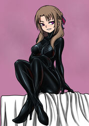  bed bed_sheet black_ftos braid breasts bright_pupils brown_hair cleavage collarbone corruption crossover dark_persona female french_braid hair_ornament hair_ribbon high_heels highres large_breasts looking_to_the_side marvel mature_female naughty_face on_bed oosuki_mamako parted_bangs purple_eyes ribbon seductive_smile she-venom shiny_clothes shoes sitting skin_tight smile solo spider-man_(series) symbiote third-party_source tied_hair tsuujou_kougeki_ga_zentai_kougeki_de_ni-kai_kougeki_no_okaasan_wa_suki_desu_ka? venom_(marvel) white_pupils 