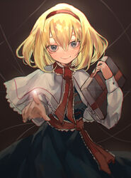  absurdres alice_margatroid blonde_hair blue_dress blue_eyes book brown_background capelet cowboy_shot dress eyebrows_hidden_by_hair female gradient_background grimoire_of_alice hair_between_eyes hairband highres holding holding_book index_finger_raised kani_nyan long_sleeves looking_at_viewer medium_hair necktie red_hairband red_necktie red_sash sash simple_background smile solo standing string touhou white_capelet 