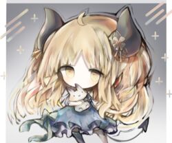  ahoge bad_id bad_pixiv_id black_thighhighs blonde_hair blue_dress blush chibi commentary_request cottontailtokki covered_mouth demon_girl demon_horns demon_tail dress female gremory_(shadowverse) horns hugging_object long_hair looking_away parted_bangs shadowverse short_sleeves solo standing stuffed_animal stuffed_rabbit stuffed_toy tail thighhighs very_long_hair yellow_eyes 