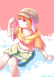  absurdres animal_ears bare_legs bracelet brown_hat cabbie_hat crop_top dango eating female flat_cap floppy_ears food hara_(user_tvna7732) hat highres hood hoodie jewelry looking_at_viewer midriff midriff_peek navel orange_hair orange_hoodie rabbit_ears red_eyes ringo_(touhou) short_hair short_sleeves shorts simple_background sitting solo stomach striped_clothes striped_shorts touhou two-tone_background wagashi yellow_shorts 