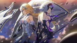  2girls armor armored_dress ass back banner bare_back bare_shoulders black_dress black_gloves black_thighhighs blonde_hair blurry breasts cowboy_shot depth_of_field dress elbow_gloves eyelashes fate_(series) flag floating_hair from_side gauntlets gloves grey_hair highres holding holding_weapon jeanne_d&#039;arc_(fate) jeanne_d&#039;arc_(ruler)_(fate) jeanne_d&#039;arc_(third_ascension)_(fate) jeanne_d&#039;arc_alter_(avenger)_(fate) jeanne_d&#039;arc_alter_(avenger)_(third_ascension)_(fate) jeanne_d&#039;arc_alter_(fate) long_hair looking_at_viewer looking_down maomaozi medium_breasts multiple_girls non-web_source outdoors parted_lips profile purple_eyes short_hair sideboob smile standing thighhighs torn_clothes torn_dress very_long_hair weapon white_dress yellow_eyes 