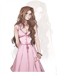  aerith_gainsborough alternate_hairstyle arm_behind_back bangle bare_shoulders bracelet breasts brown_hair cleavage closed_mouth collarbone commentary cowboy_shot dress english_commentary female final_fantasy final_fantasy_vii final_fantasy_vii_remake green_eyes hair_down hair_over_shoulder highres jewelry long_hair looking_at_viewer parted_bangs pink_dress pudelmudel sleeveless sleeveless_dress small_breasts solo wavy_hair 