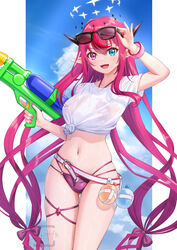  arm_up artist_logo belt bikini bikini_under_clothes blue_eyes bow breasts double_halo eyewear_on_head female hairbow halo heterochromia highres holding hololive hololive_english horns irys_(hololive) long_hair looking_at_viewer medium_breasts open_mouth outdoors pillarboxed pointy_ears purple_eyes purple_hair see-through shirt skyrail smile solo star-shaped_pupils star_(symbol) star_halo stomach sunglasses swimsuit symbol-shaped_pupils thigh_strap very_long_hair virtual_youtuber water_balloon water_gun wet wet_clothes wet_shirt wristband 