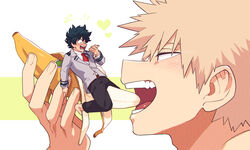  2boys adam&#039;s_apple alarmed bakugou_katsuki banana barefoot blonde_hair boku_no_hero_academia close-up food freckles fruit full_body green_hair hand_up heart highres holding holding_food implied_yaoi looking_at_another looking_down male_focus midoriya_izuku multiple_boys multiple_scars naughty_face necktie open_mouth profile red_eyes red_necktie riding scar scar_on_hand scared school_uniform sexually_suggestive short_hair size_difference spiked_hair teeth tongue twitter_username two-tone_background u.a._school_uniform white_background yazaki_(yazakc) yellow_background 