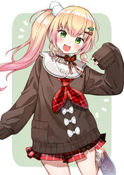  :d ascot blonde_hair bow cardigan female frilled_shirt frills gradient_hair green_eyes hair_ornament hairclip highres hololive long_hair miniskirt momosuzu_nene momosuzu_nene_(casual) multicolored_hair nishizawa oerba_yun_fang official_alternate_costume official_alternate_hairstyle open_mouth orange_shirt oversized_clothes pink_hair plaid plaid_skirt pom_pom_(clothes) pom_pom_hair_ornament ribbon shirt side_ponytail skirt sleeves_past_wrists smile solo virtual_youtuber 