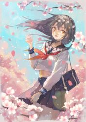  :d alternate_costume bag black_hair black_sailor_collar black_skirt blush cherry_blossoms cowboy_shot failure_penguin female fingernails hair_between_eyes hair_ornament hairclip haruna_(kancolle) highres kantai_collection long_hair long_sleeves midriff navel neckerchief open_mouth outdoors petals pleated_skirt red_neckerchief sailor_collar school_uniform serafuku shoulder_bag skirt smile solo touken yellow_eyes 