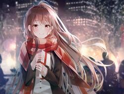  ahoge blurry blurry_background blush bokeh brown_eyes brown_hair brown_jacket building buri_(retty9349) commentary depth_of_field female floating_hair gift holding holding_gift jacket long_hair looking_at_viewer night original outdoors parted_lips plaid plaid_scarf red_scarf scarf shirt sleeves_past_wrists smile solo symbol-only_commentary upper_body very_long_hair white_shirt 