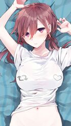  arms_up arrow_(symbol) bed_sheet blush breasts brown_hair clothes_lift collarbone commentary_request female hair_between_eyes heart highres large_breasts like_and_retweet long_hair looking_at_viewer low_twintails navel original parted_lips purple_eyes shirt shirt_lift short_sleeves solo stomach sweat tomozero twintails twitter upper_body white_shirt 