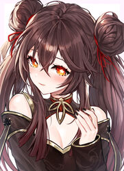  absurdres alternate_costume alternate_hairstyle bare_shoulders black_nails blush brown_dress brown_hair china_dress chinese_clothes cleavage_cutout closed_mouth clothing_cutout colored_tips commentary crossed_bangs double_bun dress female flower-shaped_pupils genshin_impact gold_trim gradient_hair hair_between_eyes hair_bun hair_ribbon hand_up highres hu_tao_(genshin_impact) long_hair looking_to_the_side multicolored_hair nail_polish raku_(clearpage) red_eyes red_hair red_ribbon ribbon shoulder_cutout sidelocks simple_background symbol-shaped_pupils turtleneck twintails upper_body white_background 