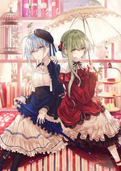  2girls ahoge ascot beret birdcage black_headwear black_legwear blue_hair blue_nails blush book braid brooch cage cake cake_slice cane cecilia_(shiro_seijo_to_kuro_bokushi) chocolate_cake closed_mouth commentary_request crown_braid cup dress feet_out_of_frame food frilled_skirt frilled_umbrella frills gathers gradient_hair green_eyes green_hair hair_between_eyes hat holding holding_cane holding_umbrella jewelry kazutake_hazano long_hair looking_at_viewer multicolored_hair multiple_girls nail_polish pantyhose parasol parted_lips red_dress red_footwear red_nails sandwich saucer scone shiro_seijo_to_kuro_bokushi shoes skirt strawberry_shortcake teacup teapot tiered_tray tilted_headwear umbrella very_long_hair white_dress white_legwear white_skirt white_umbrella 