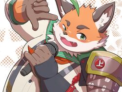  4:3 ahoge anthro armor blush canid canine electronics fox fur green_eyes hair hi_res iyo_(tamacolle) male mammal microphone moobs nittottomarch orange_body orange_fur overweight overweight_male singing solo suspenders tamacolle 