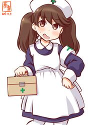  apron armband artist_logo blue_dress box brown_eyes brown_hair commentary_request cosplay cowboy_shot dated dress first_aid_kit hat kanon_(kurogane_knights) kantai_collection little_nurse little_nurse_(cosplay) long_hair looking_at_viewer mentholatum nurse_cap one-hour_drawing_challenge ryuujou_(kancolle) simple_background white_apron white_background white_headwear 