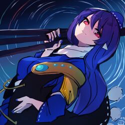  blue_dress blue_hair blue_hat blue_nails blue_sleeves breasts closed_mouth dress female gem gradient_hair gradient_sky hair_between_eyes hand_on_own_hip hand_up hat holding holding_tripod iizunamaru_megumu jewelry long_hair long_sleeves looking_at_viewer maaru_(akira428) medium_breasts multicolored_hair night one-hour_drawing_challenge pointy_ears pom_pom_(clothes) purple_hair red_eyes sky smile solo star_(sky) star_trail tokin_hat touhou tripod 