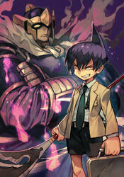  2boys armor bason belt belt_buckle black_hair black_shorts briefcase buckle cape closed_mouth crossed_arms fire green_necktie headgear helmet holding holding_briefcase holding_weapon hungry_clicker jacket long_sleeves looking_at_viewer male_focus multiple_boys necktie pauldrons purple_fire shaman_king shirt shorts shoulder_armor smile spirit tao_ren v-shaped_eyebrows weapon white_shirt yellow_eyes yellow_jacket 