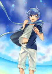  1boy beach belt blue_eyes blue_hair blue_scarf blue_shirt blue_sky cloud commentary cowboy_shot day holding holding_shell kaito_(vocaloid) kikuchi_mataha lens_flare looking_at_viewer male_focus midriff_peek navel ocean open_clothes open_mouth open_shirt outdoors scarf shell shirt shorts sky smile solo sparkle standing summer vocaloid white_shirt white_shorts 