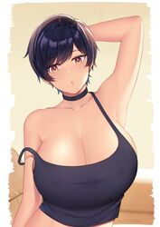  :o arm_behind_head artist_name black_choker black_hair black_shirt borrowed_character breasts brown_eyes choker cleavage covered_nipples crop_top earrings english_commentary female highres huge_breasts jewelry kaitofuuma looking_down off_shoulder olive_laurentia open_mouth original shirt short_hair solo tank_top 