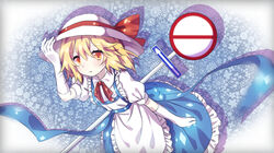  apron blonde_hair blue_background blue_bow blue_dress bow commentary_request dress elbow_gloves eyelashes female floral_background frilled_apron frilled_dress frills gloves guozimiao hat hat_bow highres holding holding_clothes holding_hat kana_anaberal light_blush open_mouth phantasmagoria_of_dim.dream puffy_short_sleeves puffy_sleeves red_bow red_ribbon ribbon road_sign short_hair short_sleeves sign solo touhou touhou_(pc-98) white_apron white_hat yellow_eyes 