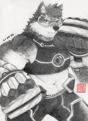  alternate_costume anthro armor canid canine canis clothing_swap domestic_dog eyebrows hi_res lifewonders live_a_hero male mammal mecha_fist midriff moritaka_(tas) muscular muscular_arms navel scar solo superhero thick_eyebrows tokyo_afterschool_summoners toronoekaki traditional_media_(artwork) 