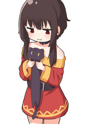  :i animal bare_shoulders belt black_belt black_collar brown_hair chomusuke closed_mouth collar commentary dress female holding holding_animal kono_subarashii_sekai_ni_shukufuku_wo! large_belt long_sleeves longcat_(meme) megumin meme orange_dress pensuke red_dress red_eyes short_hair short_hair_with_long_locks simple_background white_background 