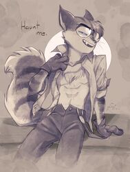  absurd_res anthro bare_chest clothed clothing cosplay domestic_cat eyewear fangs felid feline felis flirting foreplay glasses half_naked hi_res lackadaisy male mammal necktie rocky_rickaby shirt solo suggestive teasing teeth topwear unbuttoned_pants unbuttoned_shirt undressing yuu-chan 