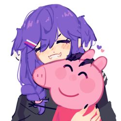  2girls ^_^ black_sweater blush braid closed_eyes english_commentary fangs hair_ornament hairclip head_wings headpat hug hug_from_behind jess_(p2eocene) multiple_girls nijisanji nijisanji_en peppa_pig peppa_pig_(series) petting purple_hair red_sweater selen_tatsuki smile sweater twin_braids v-shaped_eyebrows virtual_youtuber white_background wings 