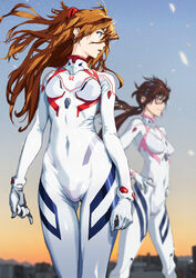  2girls arms_at_sides ass_visible_through_thighs blue_eyes blurry bodysuit breasts brown_hair commentary covered_navel depth_of_field evangelion:_3.0+1.0_thrice_upon_a_time floating_hair glasses gloves hands_on_own_hips headgear highres interface_headset kiyohisa long_hair looking_to_the_side makinami_mari_illustrious multiple_girls neon_genesis_evangelion open_mouth outdoors pilot_suit plugsuit rebuild_of_evangelion science_fiction skin_tight souryuu_asuka_langley standing white_bodysuit wind 