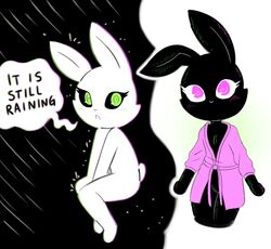  bathrobe black_body black_fur blush clothing darkness disfigure female fur hi_res jenny_(disfigure) lagomorph leporid mammal mostly_nude purple_eyes rabbit raining robe robe_only text white_body white_fur 