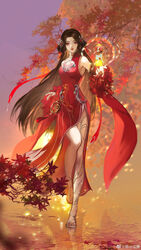  absurdres artist_request bare_legs bottle brown_hair china_dress chinese_clothes cleavage_cutout closed_mouth clothing_cutout detached_sleeves dress embers expressionless facial_mark female forehead_mark full_body glowing hair_ornament hair_rings highres huo_linger_(wanmei_shijie) leaf long_hair maple_leaf rainbow_order red_dress sandals second-party_source solo wanmei_shijie 