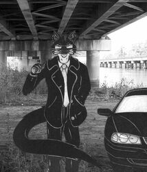  anthro black_and_white black_body black_bottomwear black_car black_clothing black_fur black_jacket black_pants black_suit black_topwear bottomwear car cigarette claws clothing confident conspiracy day evil_look eyewear fur glasses grass gulonine hand_in_pocket jack_salem jacket lance_foxx_(artist) long_tail looking_at_viewer male mammal marten meeting monochrome multicolored_body multicolored_fur mustelid musteline necktie outside pants photo_background photography_(artwork) pillar plant pockets river sable_(marten) sedan shirt shrub smoking solo standing suit tail the_x-files topwear two_tone_body two_tone_fur under_bridge vehicle water whiskers white_body white_fur 