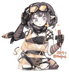  :o adjusting_goggles arknights asymmetrical_gloves black_bra black_gloves black_panties blue_eyes bra brown_hair commentary cowboy_shot elbow_gloves eunectes_(arknights) female fishnet_sleeves fishnets gloves goggles goggles_on_head highres holding holding_screwdriver orange_shirt panties pointy_ears screwdriver shirt short_hair short_sleeves simple_background snake_tail solo sweat symbol-only_commentary tail thighs thurim6 underwear white_background 