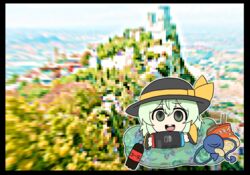  :d black_border black_hat blouse border chibi chips_(food) cola copyright_request eyeball female floral_print food frilled_sleeves frills game_screenshot_background green_eyes hair_between_eyes hat hat_ribbon highres holding komeiji_koishi light_green_hair long_sleeves lying medium_hair nintendo_switch on_pillow on_stomach open_mouth outline ribbon rose_print round_teeth shirt smile solo teeth third_eye touhou upper_teeth_only washiwa wavy_hair white_outline wide_sleeves yellow_ribbon yellow_shirt 