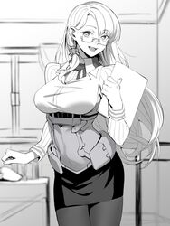  beret breasts commentary_request corset desk female glasses greyscale hat highres indoors kantai_collection large_breasts long_hair medal military military_uniform monochrome naval_uniform navy_cross northampton_(kancolle) office on_desk pantyhose paper pencil_skirt rope_around_waist sailor_collar semi-rimless_eyewear shingyou_(alexander-13) skirt thighband_pantyhose uniform united_states_medal_of_honor unworn_hat unworn_headwear window 