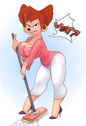  angry anthro big_breasts bodily_fluids bottomwear breasts canid canine cleaning_tool cleavage clothed clothing colored_nails curvy_figure dialogue disney ear_piercing english_text female footwear goof_troop hair hi_res high_heels holding_object mammal mature_anthro mature_female minxydoodle mop nails pants peg_pete piercing shoes short_hair solo speech_bubble sweat sweatdrop sweater text thick_thighs topwear wide_hips yelling 