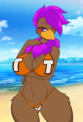  anthro arm_under_breasts avian beach beak bikini bird blush breasts brown_body brown_fur clothing cloud emily_(dtripper) emu female fur hair hand_on_chest mastergodai non-mammal_breasts purple_eyes purple_hair ratite sand sea seaside sky smile solo swimwear text text_on_bikini text_on_clothing text_on_swimwear water 