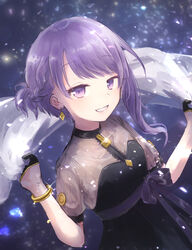  black_dress black_gloves bracelet braid braided_bangs cevio commentary dress earrings female glint gloves grin half_gloves highres holding_shawl jewelry looking_at_viewer pty purple_eyes purple_hair shawl short_hair short_sleeves sidelocks smile solo sparkle upper_body vocaloid white_shawl yuzuki_yukari yuzuki_yukari_(rei) 