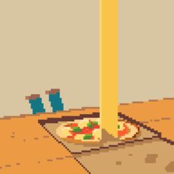  animated animated aqua_eyes aqua_hair falling female food kawawagi long_hair margherita_pizza original pixel_art pizza pizza_box simple_background solo table 