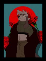  3:4 anthro black_border border canid canine canis clothing coat crop_top domestic_dog eyewear fashion fishnet_clothing fishnet_topwear flower glasses hi_res jogger long_ears male mammal plant reed_(bearra) rose_(flower) shirt solo topwear trenchcoat unknown_artist 