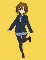  :p blue_jacket blue_ribbon blue_skirt brown_eyes brown_footwear brown_hair female hair_ornament hairclip hirasawa_yui jacket k-on! leg_up mary_janes miniskirt neck_ribbon pantyhose pleated_skirt protected_link ribbon sakuragaoka_high_school_uniform satou_asuka school_uniform shoes short_hair sideways_glance simple_background skirt standing standing_on_one_leg tongue tongue_out winter_uniform yellow_background 