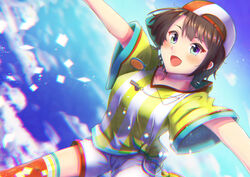  aqua_eyes backwards_hat baseball_cap blue_eyes blush braid brown_hair cloud female french_braid hat highres hololive mihaeru oozora_subaru oozora_subaru_(1st_costume) open_mouth outstretched_arms shirt short_hair short_shorts short_sleeves shorts sky sleeve_cuffs smile stopwatch striped_clothes striped_shirt swept_bangs vertical-striped_clothes vertical-striped_shirt virtual_youtuber watch whistle white_shorts 