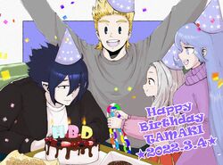  2boys 2girls :d amajiki_tamaki balloon birthday black_hair blonde_hair blue_background blue_eyes blue_hair blueberry boku_no_hero_academia border cake candle character_name chocolate confetti dated doughnut english_text eri_(boku_no_hero_academia) excited eye_contact food french_fries fruit gift grey_hair grin hadou_nejire happy happy_birthday hat highres horns light_blue_hair lolicon long_hair looking_at_another looking_at_viewer multiple_boys multiple_girls open_mouth outside_border paper_chain party_hat pointy_ears raised_eyebrows red_eyes rin_(okusuritetyo) short_hair single_horn smile spiked_hair star_(symbol) star_print strawberry togata_mirio two-tone_background very_long_hair white_border 