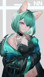  animal_ear_fluff animal_ears bare_shoulders black_gloves black_jacket breasts cat_ears cleavage closed_mouth commentary_request crossed_arms dolce_(dolsuke) female gloves green_hair hair_between_eyes highres jacket long_sleeves looking_at_viewer medium_breasts navel off_shoulder open_clothes open_jacket original purple_eyes see-through smile solo upper_body 