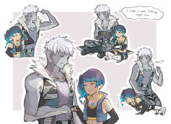  1boy black_sports_bra closed_eyes colored_skin crop_top cropped_torso elbow_gloves english_commentary english_text exercising female fingerless_gloves fist_pump full_body gloves grey_hair grey_skin indian_style lanz_(xenoblade) multiple_views push-ups sena_(xenoblade) side_ponytail sitting smile sports_bra tencryingemojis upper_body xenoblade_chronicles_(series) xenoblade_chronicles_3 