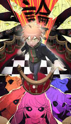  1boy ahoge artist_name asahina_aoi black_jacket black_pants black_sclera brown_eyes celestia_ludenberg checkered_background checkered_floor colored_sclera commentary danganronpa:_trigger_happy_havoc danganronpa_(series) dated_commentary english_commentary enoshima_junko fujisaki_chihiro fukawa_toko green_eyes green_hoodie grin hagakure_yasuhiro hand_up highres hood hoodie ikusaba_mukuro ishimaru_kiyotaka jacket kirigiri_kyoko kuwata_leon long_sleeves looking_at_viewer maizono_sayaka naegi_makoto ogami_sakura owada_mondo pants photoshop_(medium) pink_eyes pompadour qosic shoes short_hair smile solo_focus spoilers standing teeth togami_byakuya upper_teeth_only yamada_hifumi yellow_eyes 