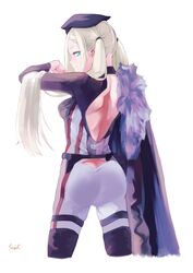  a-545_(girls&#039;_frontline) absurdres aqua_eyes arm_up artist_name ass back backless_dress backless_outfit bare_back black_cape black_footwear blonde_hair bodysuit boots braid cape closed_mouth dress feet_out_of_frame female from_behind fur-trimmed_cape fur_trim girls&#039;_frontline hair_ornament hair_scrunchie highres long_hair looking_back multicolored_bodysuit multicolored_clothes scrunchie side_braid smile solo standing sugac thigh_boots thighs twintails white_background 