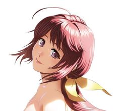  ahoge blue_eyes blush collarbone female from_side hair_intakes hair_ribbon kagami_sumika long_hair looking_at_viewer low_ponytail muv-luv nude pink_lips popgun_(22882502) portrait red_eyes red_hair ribbon shaft_look simple_background smile solo white_background yellow_ribbon 