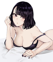  bad_id bad_pixiv_id black_bra black_hair black_nails blunt_bangs bra breasts cleavage commentary_request female highres looking_at_viewer lying medium_hair minyom on_stomach original parted_lips partial_commentary solo underwear 