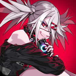  bare_shoulders black_collar can closed_mouth collar dive_to_zone eyepatch eyes_visible_through_hair female fingernails glowing gradient_background grey_hair hair_ornament headphones headphones_around_neck highres holding holding_can long_hair pokimari power_symbol product_girl red_background red_eyes smile solo spiked_collar spikes tongue tongue_out twintails zipper_pull_tab zonko 