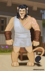  absurd_res anthro barbarian black_hair clothed clothing detailed_background facial_hair faction_raiders faction_sultanates faction_tribes felid flower fur hair hi_res lion looking_at_viewer male mammal mature_anthro mature_male misterfyrryman muscular muscular_anthro muscular_male outside pantherine plant regal scar solo tan_body tan_fur toga tribal welcome_to_valhalla wraps wrist_wraps 