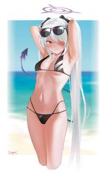  absurdres armpits arms_behind_head artist_name beach bikini black_bikini black_bow blue_archive blush bow breasts closed_mouth cropped_legs demon_tail eyewear_on_head feet_out_of_frame female hair_over_one_eye hairbow halo highres iori_(blue_archive) iori_(swimsuit)_(blue_archive) long_hair looking_at_viewer multi-strapped_bikini_bottom navel official_alternate_costume presenting_armpit red_eyes simple_background small_breasts solo standing stomach sugac sunglasses swimsuit tail twintails very_long_hair white_hair 